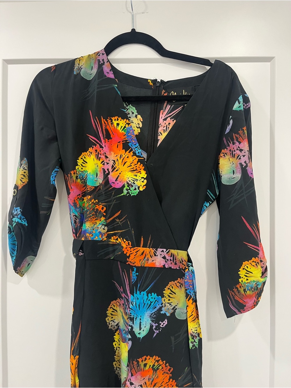 Yumi Kim Black Wrap Dress with Neon Floral Print
